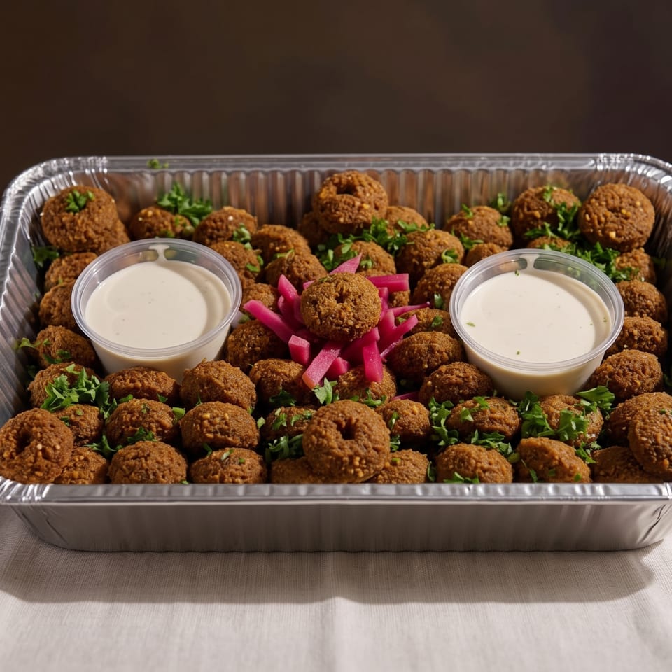 A catering tray filled with falafel, garnished with parsley, pickled turnips, and two containers of tahini sauce.