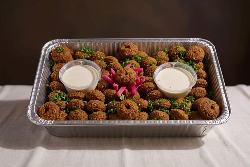 A catering tray filled with falafel, garnished with parsley, pickled turnips, and two containers of tahini sauce.