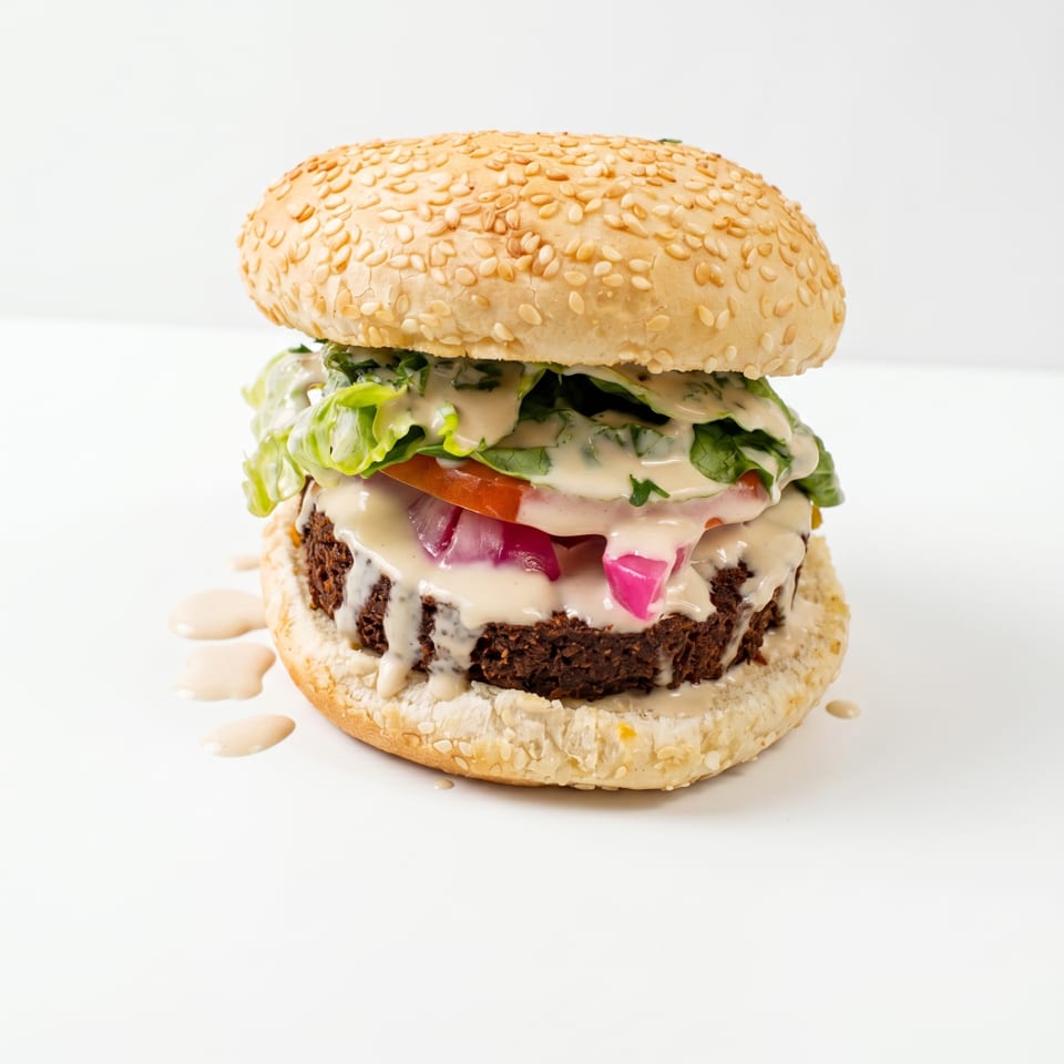 A falafel burger on a sesame seed bun with lettuce, tomato, red onion, and tahini sauce.