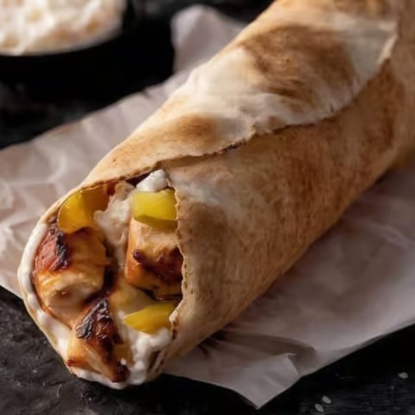Chicken shawarma wrap with grilled chicken, white sauce, and pickles on parchment paper.