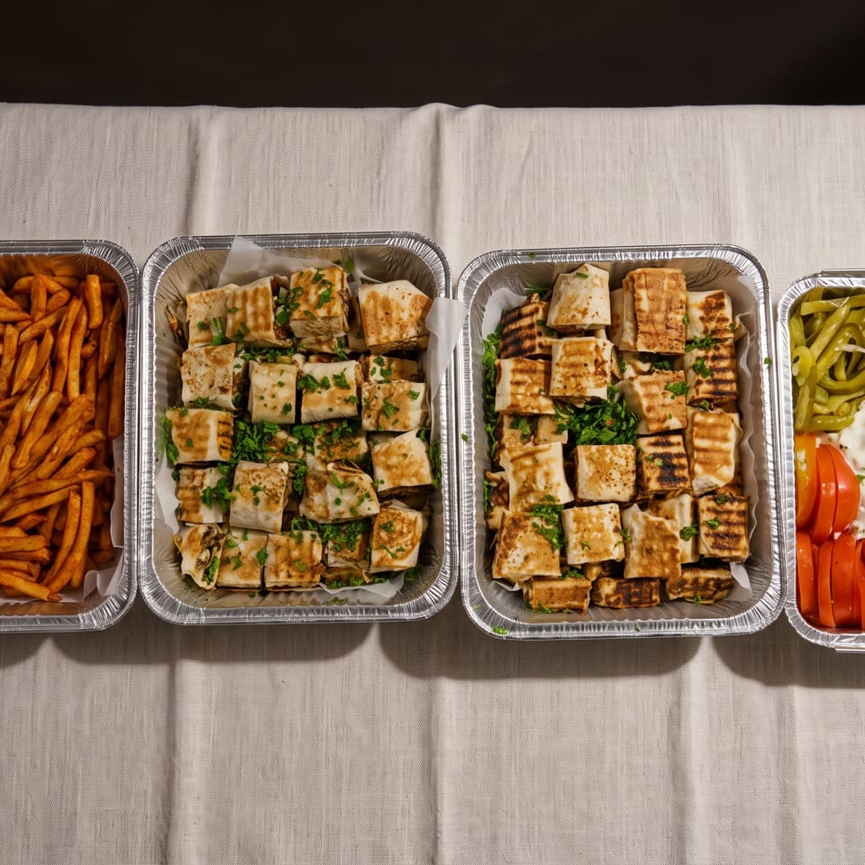 Four foil trays of food, including french fries, cut wraps, and a salad with various toppings.